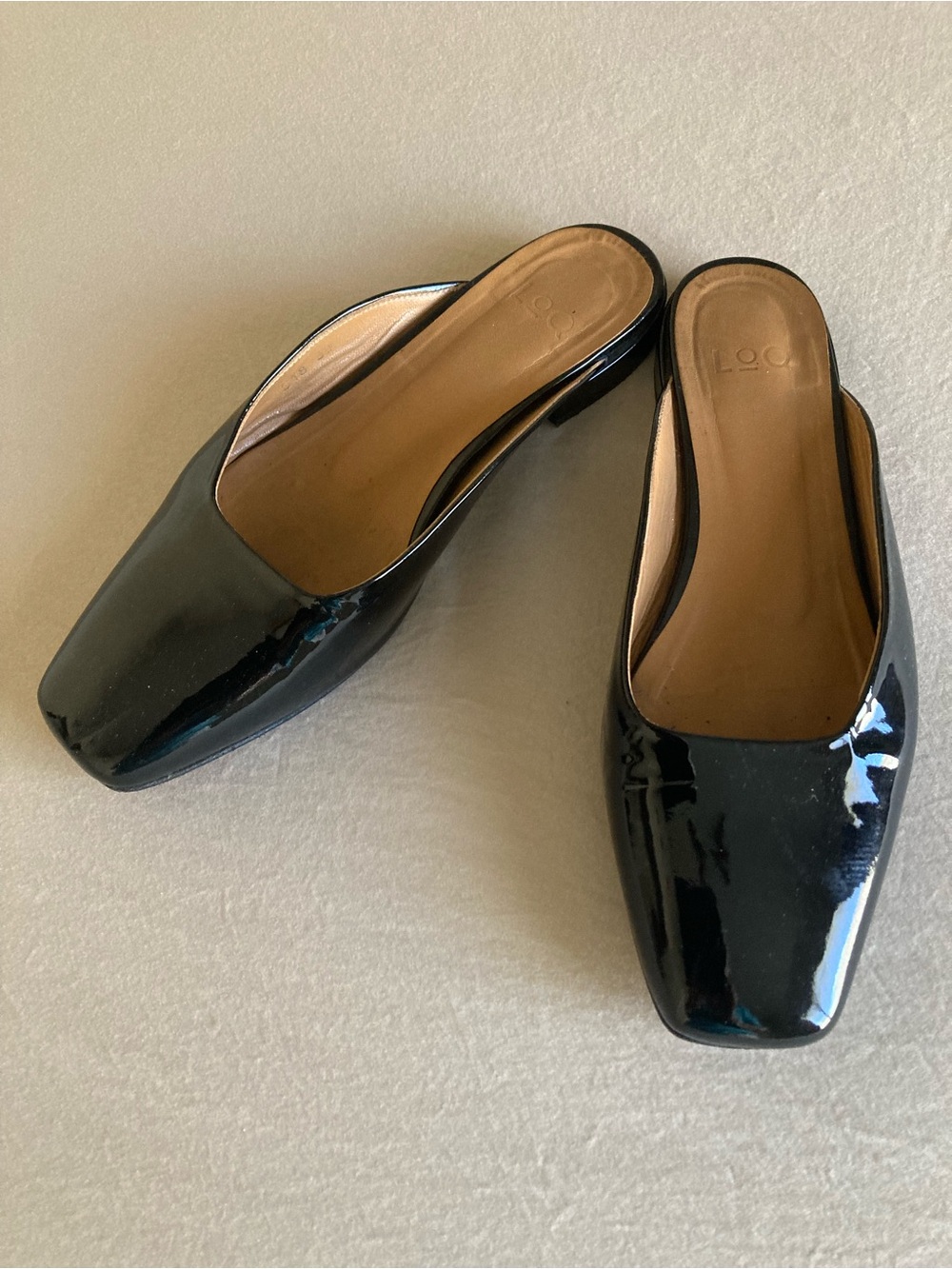 Low Black Patent Square-Toe Slip-On Mules
